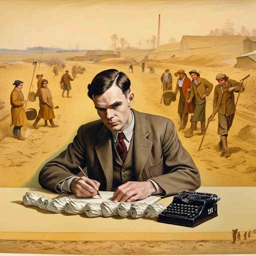 A man who resembles Alan Turing works in the foreground of others working.