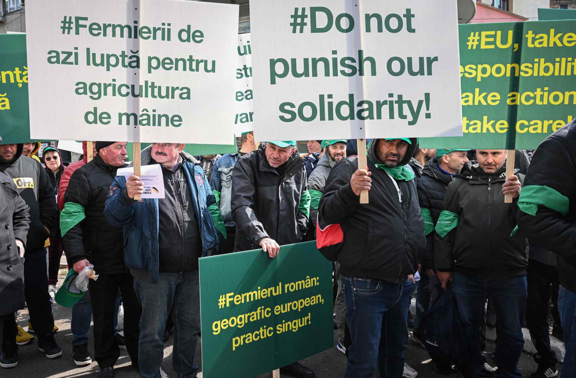 Romanian farmers protest in the front of the European Commission headquarters in Bucharest on April 7, 2023.