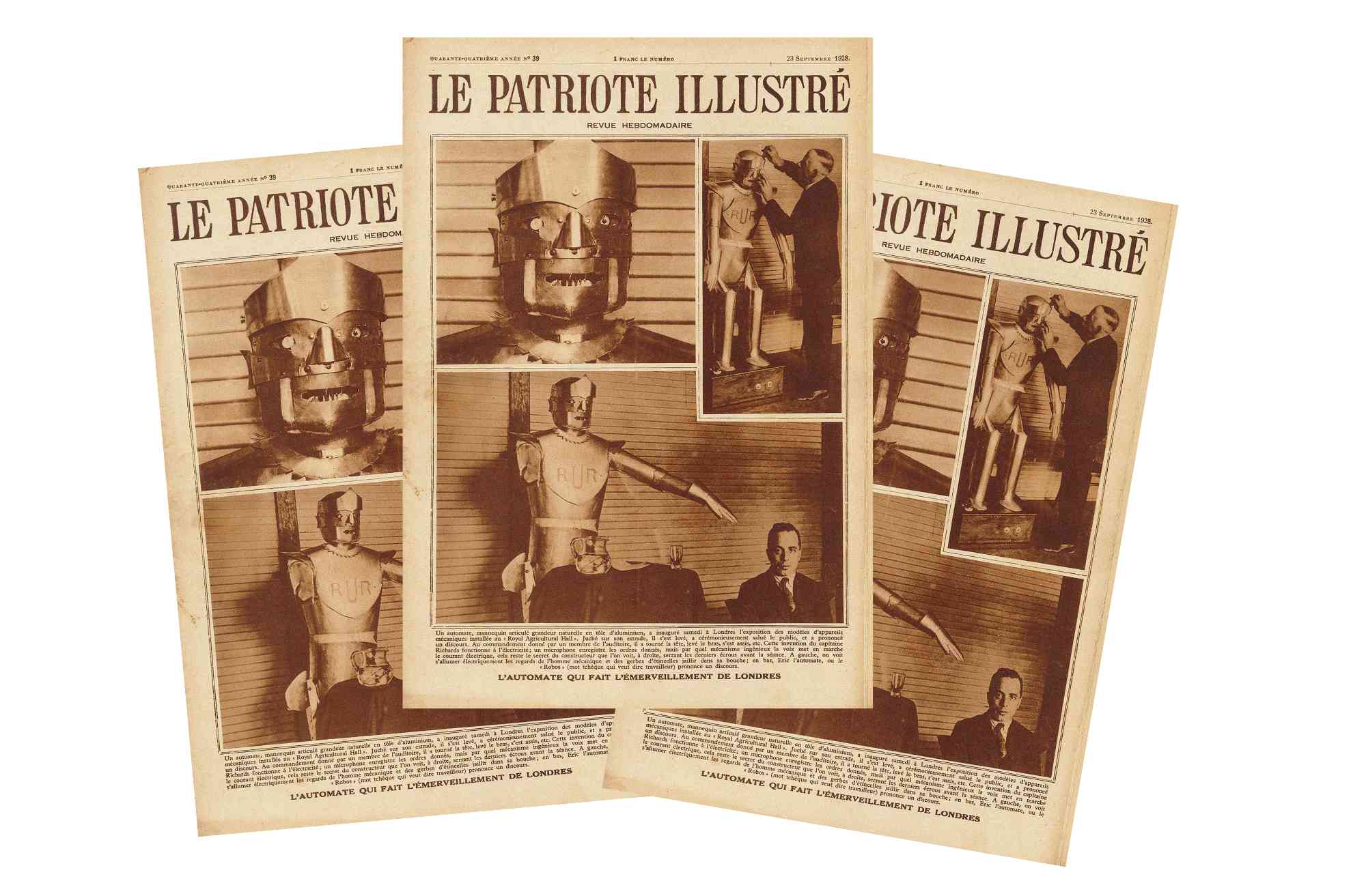 The weekly magazine Le patriote illustré reports on Eric, the first British robot at the Society of Model Engineers exhibition in London in 1928.