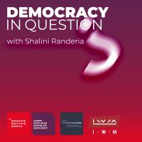 Democracy in Question? podcast logo - a purple square with the title and a large white question mark